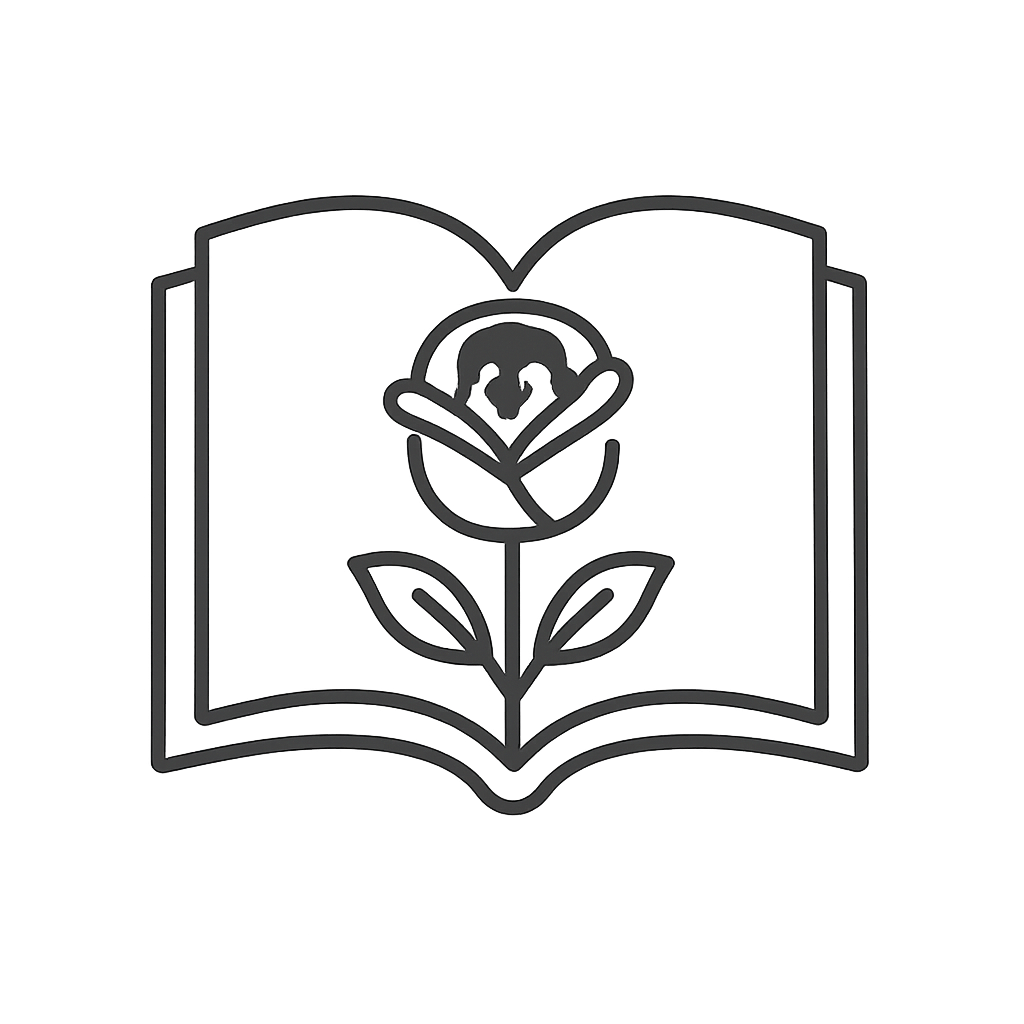 The image depicts a greyscale outline of an open book with a flower design on its page. The book outline is in grey, with ...